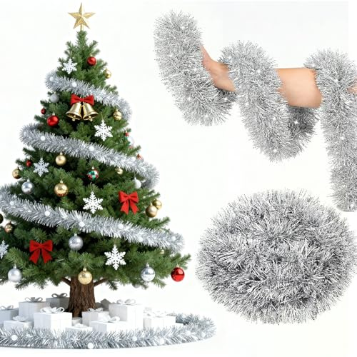 Lametta Silber Weihnachtsgirlande, 10m Lametta Girlande Weihnachten für Weihnachtsbaum treppe Deko,Künstliche Christmas Christbaum Girlande, Weihnachtsgirlande Silber für Innen & Außen