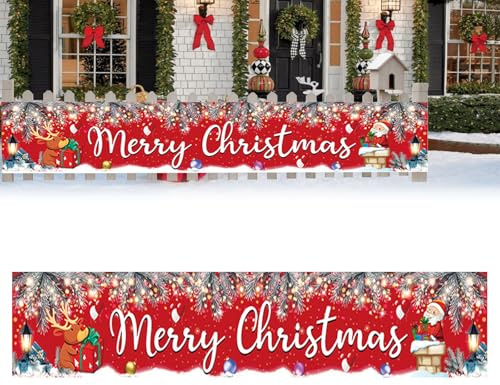 Merry Christmas Banner, Frohe Weihnachten Banner, Weihnachtsbanner, 50 x 300 CM, Weihnachts Türdeko, Stoff Plakat Banners für Weihnachten Garten Außen Deko, Weihnachts Haus Innen Deko