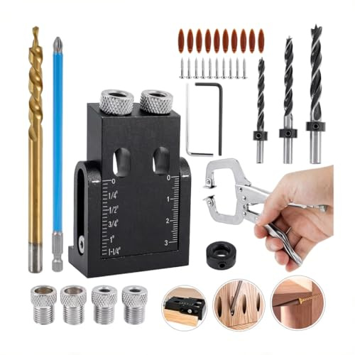 39pcs Pocket Hole Jig, 15 Degree Pocket Hole Drill Guide, Pocket Screw Jig, Woodworking Oblique Hole Locator with 6/8/10mm Drill Bits & 4 Fixed Ring for Craftsmen Woodworking Angle Drilling Holes