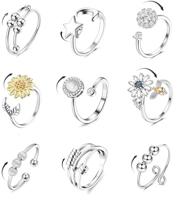 Krfy 9 Anxiety Ring Spinner Fidget Ringe für Damen Silber Angst Ringe Sonnenblumen Set Zirkonia Zappelringe,Verstellbar Stapelbare Anti Stress Ring für Damen Tochter Geburtstags-Party-Geschenkel
