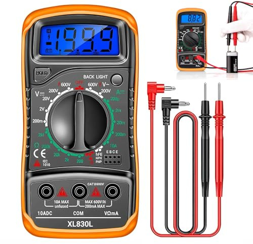 Digital Multimeter Voltage Tester Voltmeter Battery Multi Tester Ohm Volt Ampere Meter AC DC Voltage Continuity Current Resistance Diode Transistor with Test Leads Backlit LCD Display Data Hold
