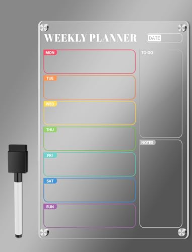 NiHome Magnetischer Wochenplaner für den Kühlschrank, Transparenter Essensplaner Woche Abwischbar aus Acryl, 30 × 21 cm Whiteboard für Menü, To-dos & Notizen, Inklusive Abwischbarem Marker