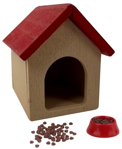 Xoeryoy Miniatur-Hundehütte mit Hundenapf und Futter, Puppenhaus-Zwinger im Maßstab 1:12, hölzernes Haustierhaus, Puppenhaus-Möbel für Zubehör, Dekoration