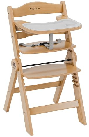 Tulano Morsel 45 Babyhochstuhl 4in1 aus Holz - Klappbar & mitwachsend | 3-Punkt-Gurt - Schutzbügel - Essbrett spülmaschinenfest - Rutschfeste Füße - 6 Monate bis 12 Jahre - Bis 40 kg - Natur