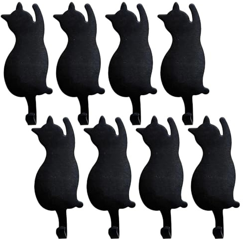 Wandhaken, 8 Stück Garderobenhaken im Landhausstil mit Katzen Design, Handtuchhaken Schwarz aus Metall, Robuste Kleiderhaken für Küche Bade Flur, Vielseitige Wandhalterung