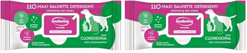 Inodorina Lingettes Quotidiennes pour Chiens et Chats (110 pcs, Chlorhexidine) - Lingettes pour Animaux de Compagnie en Tissu résistant avec Odour Stop - Action adoucissante et protectrice (Lot de 2)
