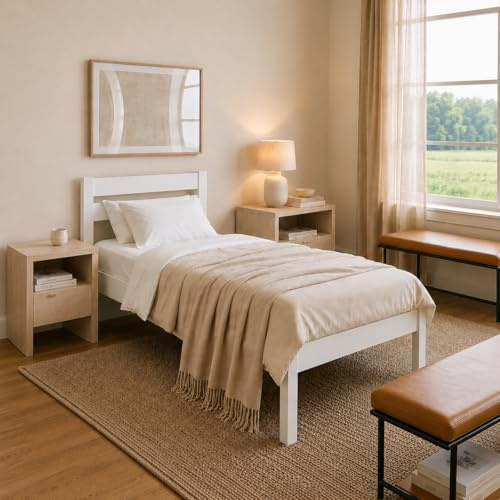 ESTADESIGN Standard Einzelbett – Hohes Holzbett 120x200 cm (Weiß), ohne Lattenrost – Massivholzbett mit Kopfteil I Birkenholz I FSC®-Zertifiziert | Skandinavisches Design | Emissionsarm