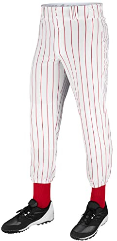 Champro Traditional Fit Triple Crown Classic Baseball Pants with Knit-in Pinstripes and Reinforced Sliding Areas, White, Scarlet pin, Medium
