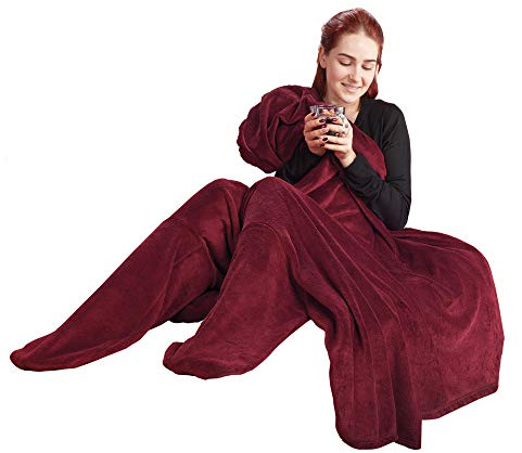 CelinaTex Flauschige Kuscheldecke mit Füßen Socken XL 170 x 200 cm Bordeaux Sockendecke Fußwärmer Mikrofaser Fleece Oeko-TEX Footy