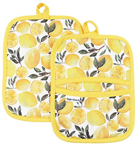 Sage+Stitch Heat Resistant Designer Pot Holders with Hand Pockets and Hanging Loops | Set of 2 100% Cotton Dual Function Kitchen Pot Holders | 7'' x 9'' | Yellow Lemons