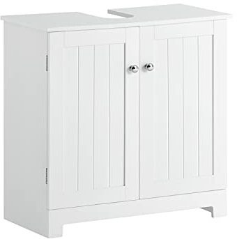 SoBuy Waschbeckenunterschrank - Badschrank mit Türen und verstellbaren Regalböden - Badmöbel aus MDF, Unterschrank für kleines Badezimmer, Weiß, 60x60x29cm, BZR18-W