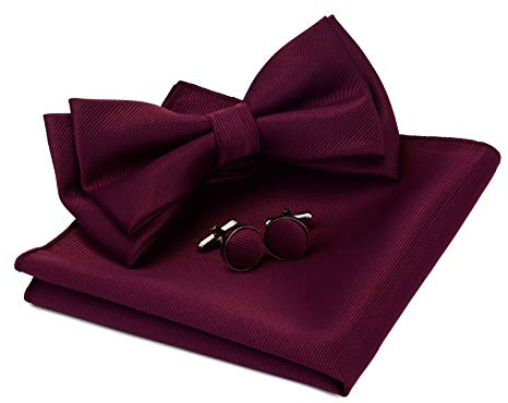 Gusleson Burgundy Bow Tie Pre-tied Adjustable Wine Red Bow Ties and Pocket Square Cufflink Sets (UK0577-06)