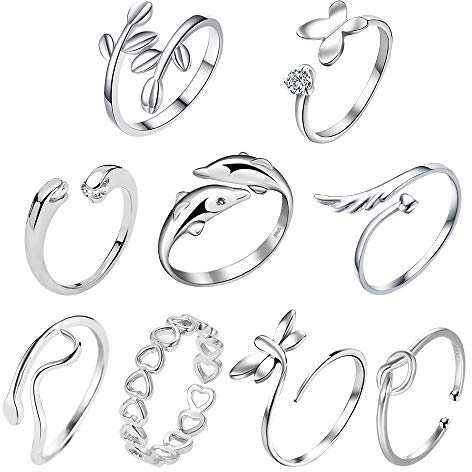 TUPARKA 9Pcs Silver Adjustable Rings Set Knot Adjustable Finger Ring Joint Ring Toe Ring Beach Jewelry Gifts for Women Girls