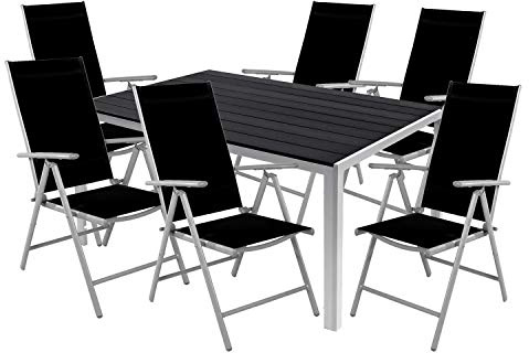 Mojawo 7er Set Alu Silber/Schwarz Gartenmöbel Gartengarnitur Non Wood 180x90x74cm + 6 Klappstühle Textilen