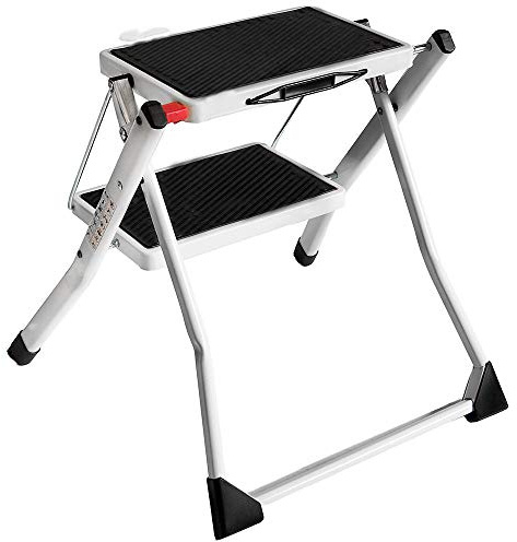 Marchepied pliable Mini escabeau en acier avec 2 marches antidérapantes et pieds en caoutchouc, facile à utiliser et à plier, en acier de haute qualité