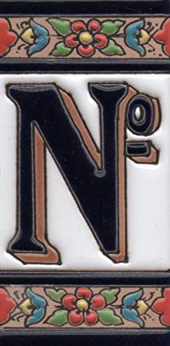 Hausnummern, Keramikfliesen, Zahlen und Buchstaben, Rot, Blau und Grün, Blumenmuster, Fliesengröße: 11 x 5,5 cm, 2 bis 7 Fliesenrahmen (ohne Schild)