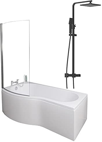 1700 x 900mm Left Hand P-Shaped Curved Shower Bath Bathroom Bathtub Glass Shower Screen Front Panel & Thermostatic Mixer Shower Set Handheld Black Square Rainfall Head