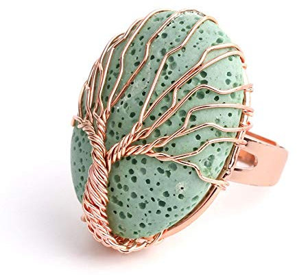 Ring Damen, Rose Gold Baum des Lebens Wicklung Oval Grüner Vulkanstein Verstellbarer Open Knuckle Tail Ring Finger Joint Ring Schmuck Für Frauen Dame Mädchen Hochzeit