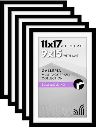 Americanflat 11x17 Picture Frame in Black - Displays 9x15 With Mat and 11x17 Without Mat - Set of 5 Frames with Sawtooth Hanging Hardware For Horizontal and Vertical Display