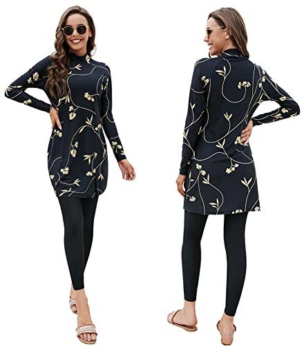 Odizli Costume da bagno da donna musulmano Burkini a maniche lunghe, costume da bagno Built in Bra+pantaloni da nuoto, 2 pezzi, copertura completa, 4#nero, XL
