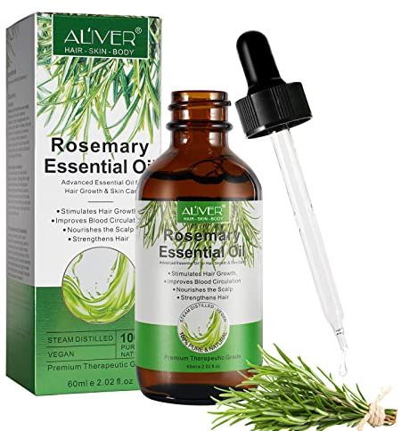 Rosmarinöl für Haare und Kopfhaut (60 ML), 100% Reines Naturreines Ätherisches Rosmarinöl für Hautpflege, Aromatherapie, Haarverdickung, Tief NäHrende Kopfhaut, Stärkendes für Gesundes Haarwachstum