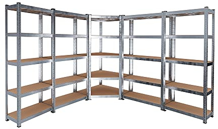 Scaffale Metallo E Legno MDF Ad Alta Portata Carico Pesante Fino a 875 kg 5 Ripiani Regolabili Garage Officina Cantina Capannone Magazzino Design Modulare 180 x 90 x 40 cm (1 Angolare + 4 Singoli)