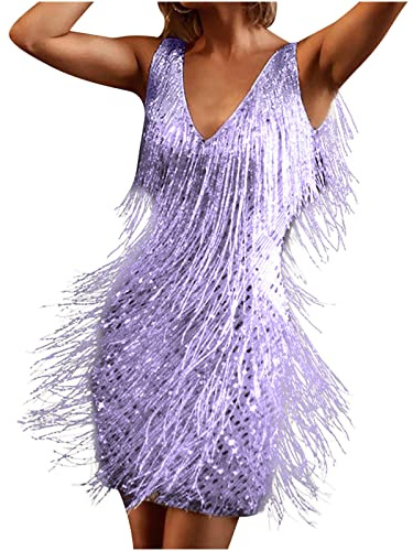 Womens Mini Dress 1920s Flapper Fringe Dress Vintage Dance Dress V Neck Roaring Fancy Sequin Dress Sleeveless Costume Cocktail Party Dress Tassels Ballroom Tango Latin Dance Dress Purple