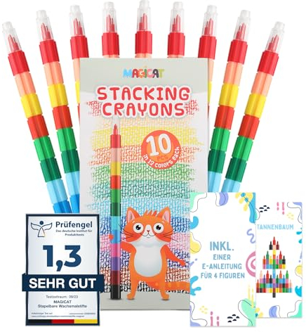 Magicat Stapelbare Wachsmalstifte | 120 Stück in 12 festlichen Farben | Ideal für Adventskalender 2025, Nikolausstrumpf & Kindergeburtstag | Kreatives Mitgebsel