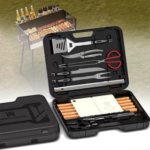 Grillzubehör 29PCS BBQ Tools Set Edelstahl Grill-Set mit Carbon-Clip, Backstab, Zange und Spatel, faltbares Schneidebrett - Geschenke für Papa Langlebige, Edelstahl Grillwerkzeuge