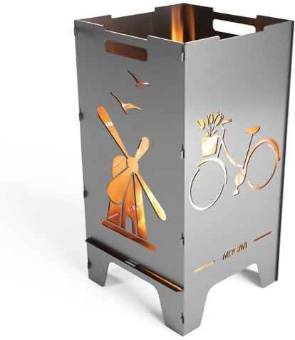 MOCAVI Edelstahl Feuertonne Vakantie 73 cm | 3 mm V2A Design-Feuersäule für Garten, Terrasse und Balkon Feuerschale Feuerkorb massiv sicher groß quadratisch Feuerstelle Outdoor faltbar hitzefest
