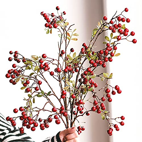 PRTECY 3/6 Pack Artificial Berry Stems 27.56 Inch Long Stem Faux Berries Plants with Green Leaves Christmas Holly Berry Picks for Christmas Tree DIY Wreath Crafts Vase Home Decor(3Pcs Red)
