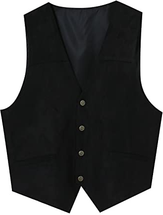 TDEOK Chaleco de ante para hombre, marrón, chaleco vaquero informal, estilo tradicional, estilo tradicional, chaleco retro, chaleco vintage, chaleco de traje con cuello en V, Negro , XXXL