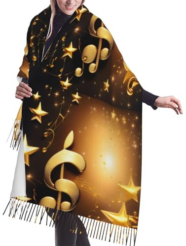 BREAUX Damen Schal mit grünem Alien-Druck, Schal, Herbst- und Winter-Schal, warmer Quastenschal aus Kaschmir-Imitat, Goldene Musiknote mit glänzendem Stern, One size