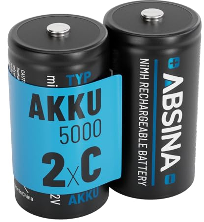 ABSINA 2x C Batteries rechargeable type 5000 with Low Self-Discharge - Rechargeable battery C NiMH with at least 4500mAh & 1.2V - Rechargeable C batteries, type C rechargeable batteries, akku