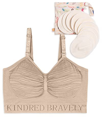 Kindred Bravely Hands-Free Pumping Bra Bundle with Organic Washable Breast Pads, 10 Pack (Beige, 2X-Busty)