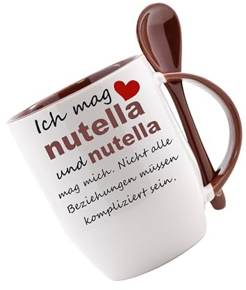 Crealuxe Tasse mit Löffel - Ich mag Nutella und Nutella mag mich - Löffeltasse, Kaffeetasse, Bürotasse, personalisiert mit Name, Keramik, 330 ml, Rund, Becher, Zuhause
