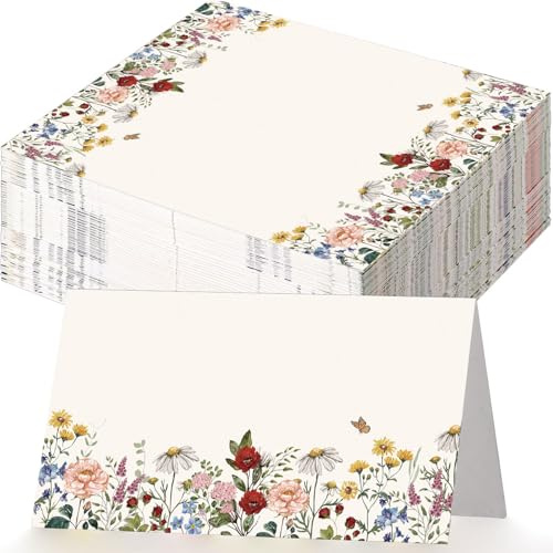 Whaline Tischkarten mit Blumenmuster, 5,1 x 8,9 cm, Vintage-Wildblumen-Zeltkarten, blanko, Tischnamensschild für Hochzeit, Bankett, Brautparty, Babyparty, Geburtstag, Party, Tischdekoration, 100 Stück