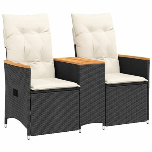 Homgoday Gartensofa Verstellbar 2-Sitzer mit Tisch Gartensessel Verstellbare Rückenlehne Gartenstühle Balkonstuhl Gartenmöbel Sitzgruppe für Garten Terrasse Schwarz Poly Rattan