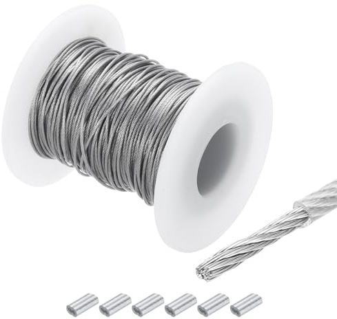 QUARKZMAN 30M x 1,5mm (98Ft x 1/16) Fune Metallico Cavo Acciaio Inossidabile 304, Tenditore Tirante con 6pz Manicotti Alluminio per Appendere Stendibiancheria Sollevamento, Trasparente