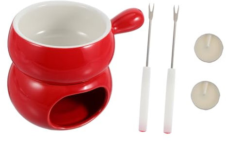 Cabilock Pot à Fondue Au Fromage en Céramique Poignée Rouge 2 Fourchettes Et 2 Cierges pour Chocolat Et Beurre Accessoire Cuisine pour Réunions Et