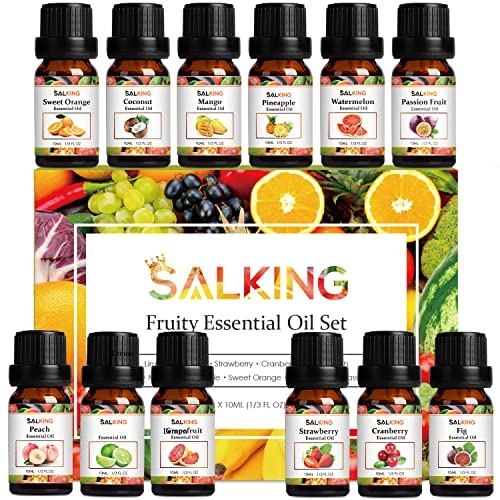 SALKING Juego de Aceites Esenciales de Frutas, 12 x 10 ml Juego de Fragancia de Aceites para Difusor Ultrasónico, Hacer Velas y Jabones - Mango, lima, Arándano Rojo, Melocotón, Pomelo, Piña, Fresa