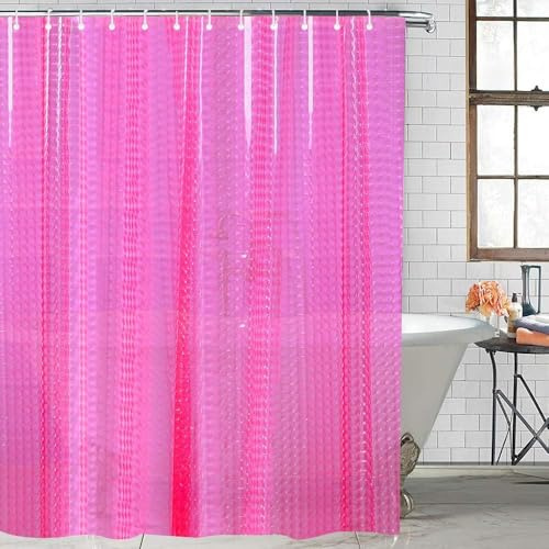 STCREE YLST001 EVA-Duschvorhang, 3D-Wasserwürfel, transparent, EVA-Duscheinlage für Duschkabine, 180 x 180 cm, mit Haken, Rosa / Violett