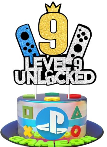 JSRHEEM Födelsedagstårtdekoration för spelfans, nivå 9 låst upp, glittrande spelkonsol, cupcake-toppare för pojkar och flickor, ålder 9 år (9 år)