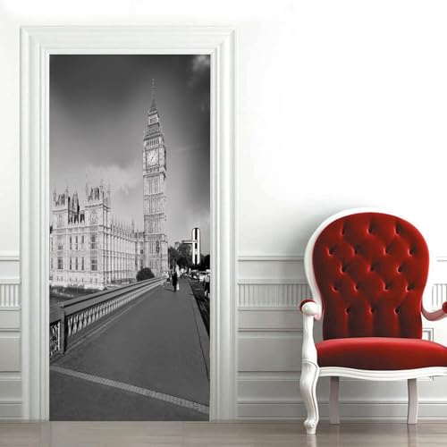 Türtapete Selbstklebend 100x200 cm Londoner Straßenansicht Türaufkleber 3D Schwarz und Weiß Türposter Türfolie Poster Tapete PVC Wasserfest für Schlafzimmer Wohnzimmer Tür A-1398
