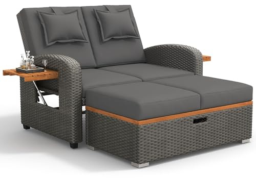 Dolamaní Isola Solare Resistente alle intemperie con Schienale Regolabile, Letto Matrimoniale in Rattan, Sgabello per Piedi, Salotto Sun Island con Cuscino per Giardino, Piscina (Grigio H)