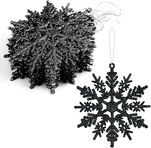 DERAYEE 12 Stück Schneeflocken Weihnachten Deko,Glitter Hängende Ornamente,Weihnachtsbaumschmuck zum Aufhängen (Schwarz)