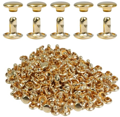 Selyse 200 Sets Doppelkappe Nieten 7mm, Leder Nieten aus Edelstahl, Hohlnieten für Leder, Metallnieten für Taschen, Schuhe, Gürtel, Kleidung und DIY Handwerk (Gold)