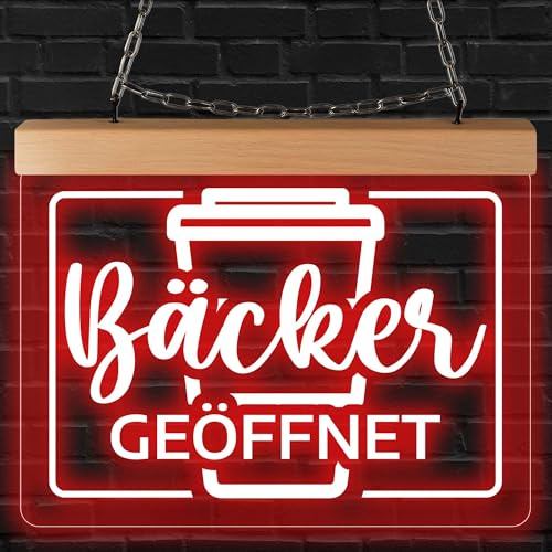 INDIGOS UG - LED Lampen - Bäckerei geöffnet - graviert - Leuchtschild 26x20 cm zum Hängen an Wand oder Scheibe - Schild beleuchtet für Büro Laden Praxis Studio Schaufenster Empfang Werbung innen