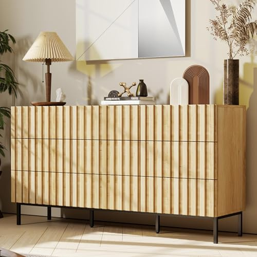 UEV 9 Drawer Chest of Drawers – Large Storage Cabinet with Wood Slat Design, Elevated Metal Legs and Clean Handle-Free Finish for Bedroom or Living Room, Ivory White