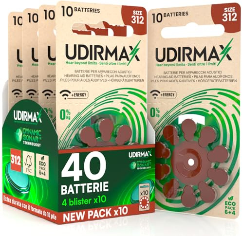 40 PR41 Batterien für Hörgeräte Größe 312 (Braun) Udirmax Zink-Luft 0% Quecksilber 1,45V Eco Pack - 4 Eco Blister mit 10 Batterien